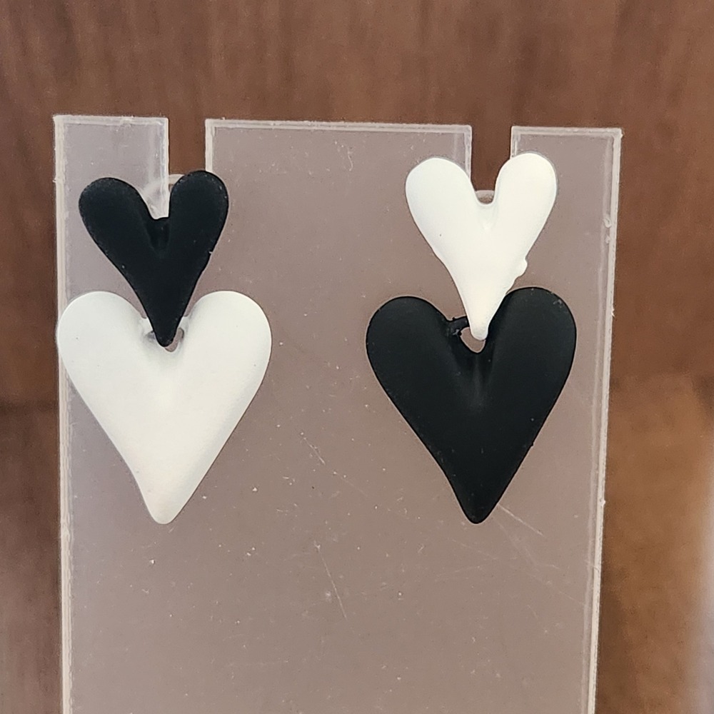 Matte Black and White Double Heart Drop Earrings Monochrome Tiered Dangleβ 1.25"